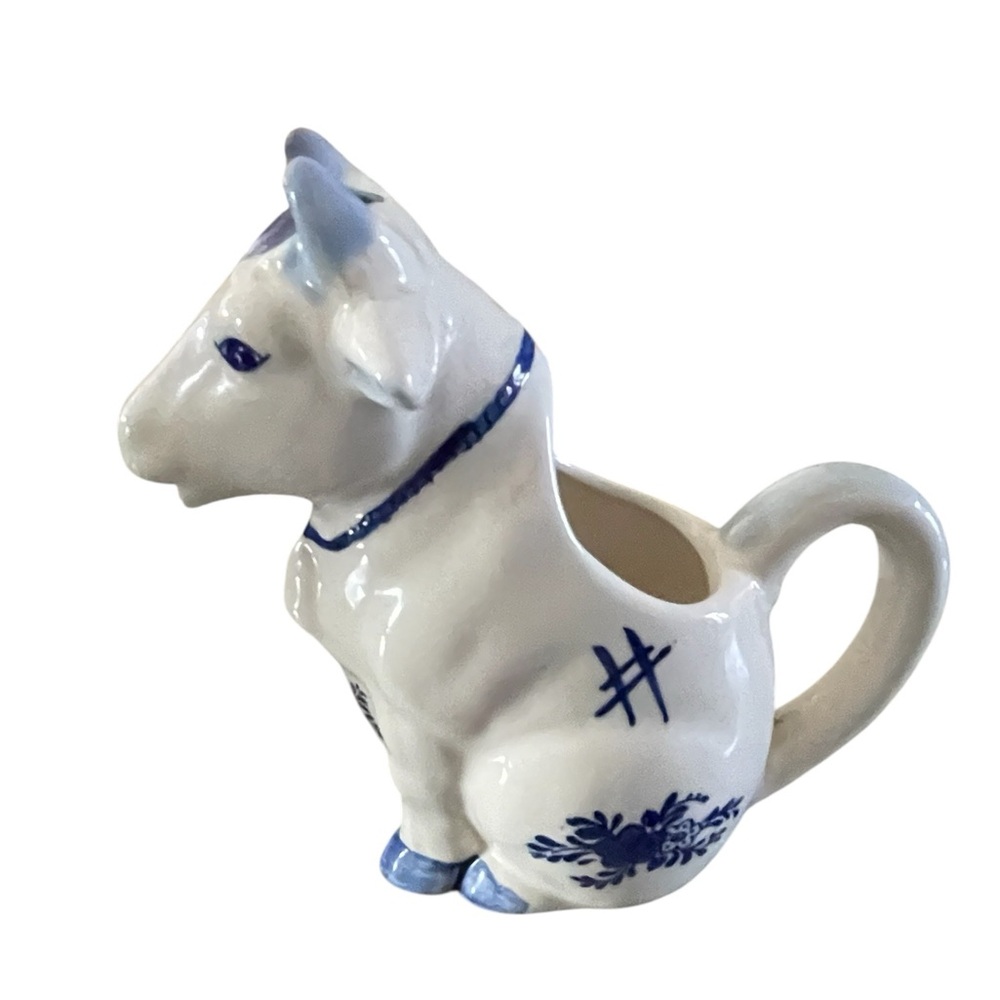 Vintage Ceramic Cow Creamer Blue and White Farm House Kitchen